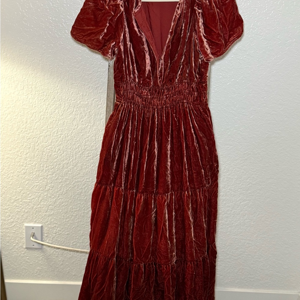 Anthropologie Velvet Tiered Maxi Dress in Wine Red - Picture 6 of 6